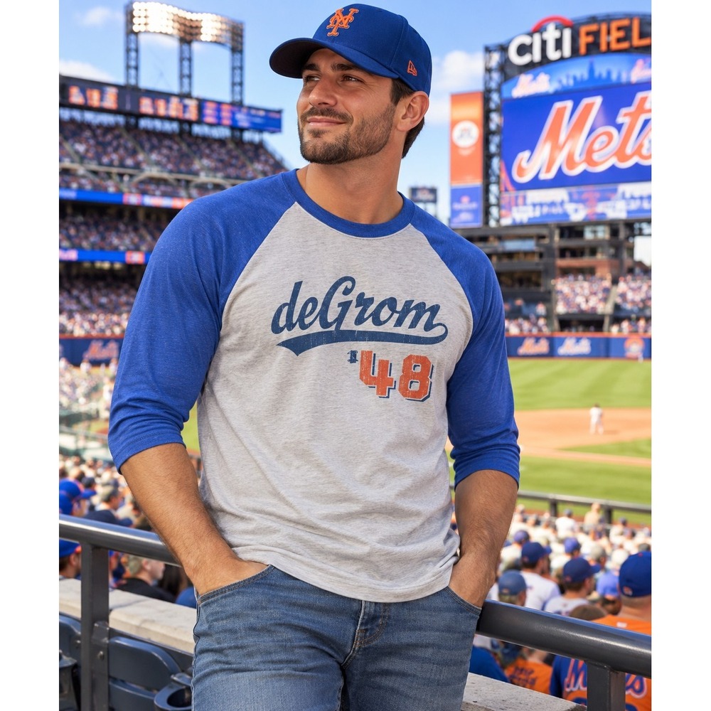 Jacob deGrom 48 Shirt Mens M Next Level Raglan 3/4 Sleeve Baseball Mets -3857